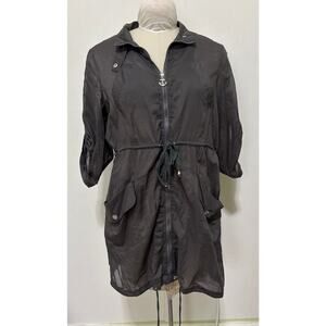 MurMur Women’s Gray Sheer Shirt Dress Full Zip Roll Tab Sleeves Cargo Ruched S